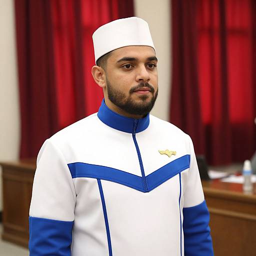 Bearded Man in Blue and White Uniform