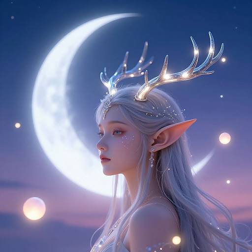 Digital painting of a ethereal elf with glowing antlers, long white hair, and pointed ears, against a twilight sky with a crescent moon and