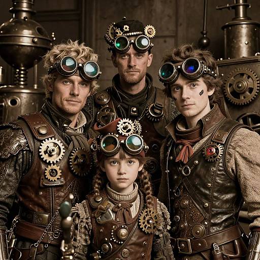 Photograph of four steampunk individuals with goggles, gear-adorned attire, and serious expressions, standing in a metallic, industrial background.