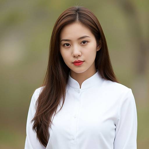 Photograph of an Asian woman with long brown hair, wearing a white button-up shirt, standing against a blurred green outdoor background.