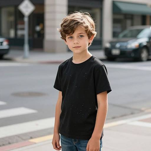 Photograph of a young boy with tousled brown hair, wearing a black t-shirt and blue jeans, standing on a sunlit city street.