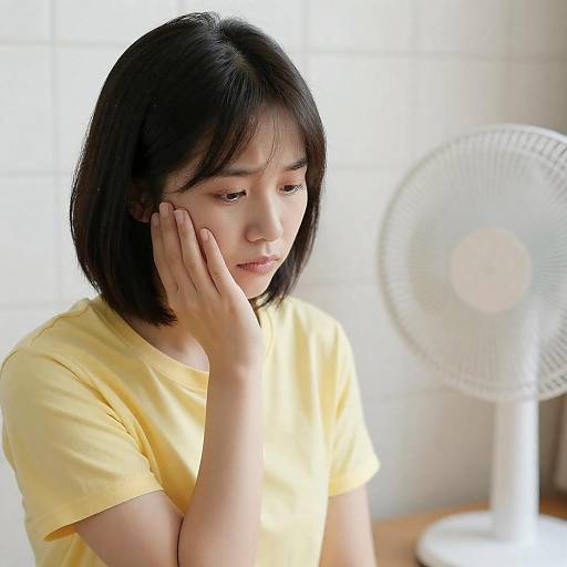 Tired Asian Woman with Electric Fan