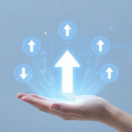 Photograph of a hand open in a gesture, glowing blue arrows hovering above, with a light blue background. Digital interface effect.