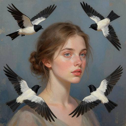 Digital painting of a young woman with fair skin, brown hair, blue eyes, wearing a simple gray top, surrounded by four black and white birds.