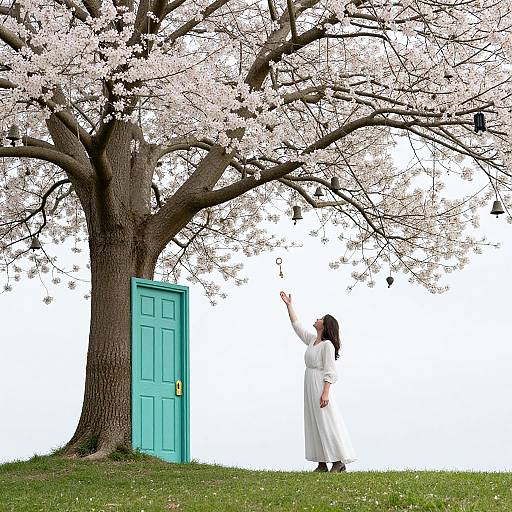 Photograph of a woman in a white dress reaching for pink cherry blossoms above a turquoise door, standing on grassy ground.