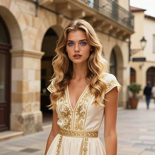 Elegant Woman in Embroidered Dress on Historic Street