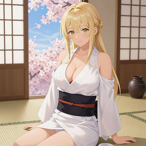 Digital anime-style drawing of a blonde woman with large breasts in a white, off-shoulder kimono, sitting on a tatami mat, with