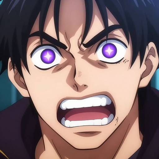 Anime-style digital drawing of a young man with black hair, wide purple eyes, and a shocked, open-mouthed expression. His eyebrows are furrow