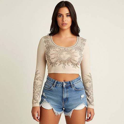 Photograph of a young woman with long black hair, wearing a white long-sleeve crop top with sun motifs and high-waisted, fr