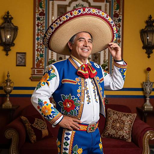 Photograph of an older Mexican man in a vibrant blue and white embroidered suit, large sombrero, smiling in a colorful, traditional room.