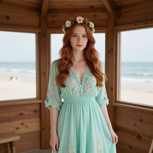 Photograph of a red-haired woman with a flower crown, wearing a light turquoise, embroidered dress, standing in a wooden beachside cabin.