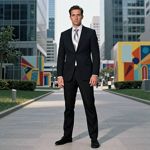 Photograph of a handsome man in a black suit, white shirt, and black tie, standing on a city sidewalk with colorful geometric buildings in the background