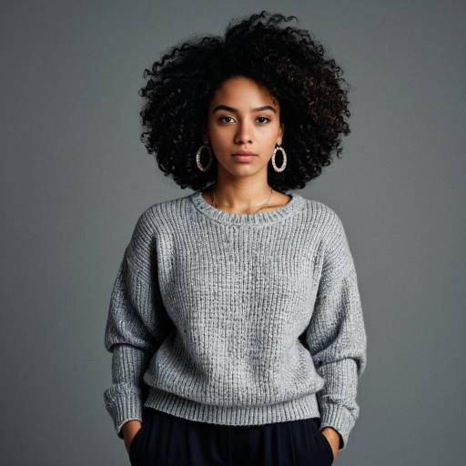 Young woman in gray sweater with curly hair