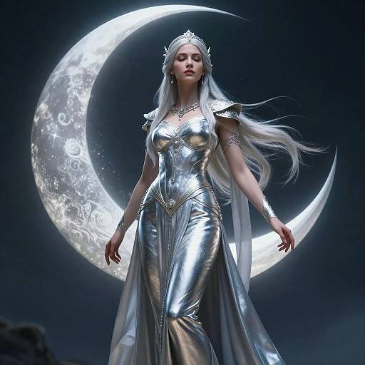 Silvery Moon Priestess Heroic Full-Body Portrait