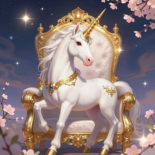 Majestic White Unicorn on Golden Throne