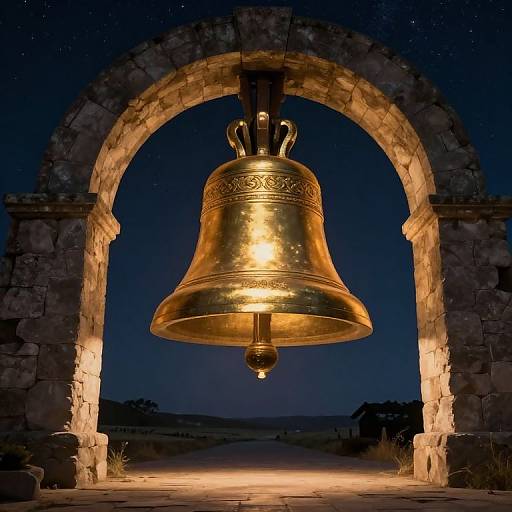 Glowing Golden Bell Under Stone Arch