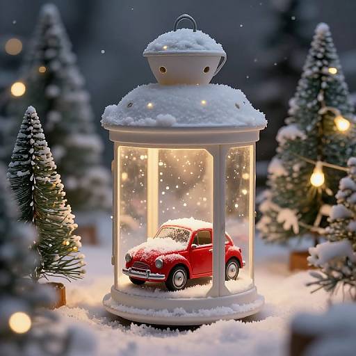 Photograph of a snow-covered, illuminated white lantern with a tiny red car inside, surrounded by snow-covered pine trees and glowing lights.
