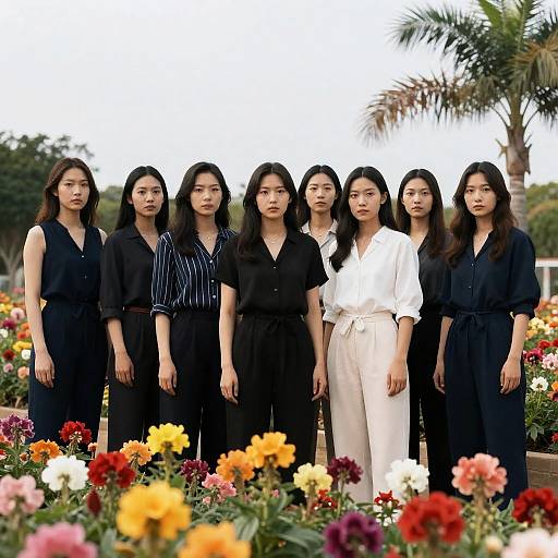Seven Women in a Vibrant Flower Garden