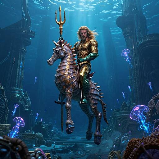 Digital artwork: Underwater scene with a bearded, long-haired man in golden armor riding a armored, trident-wielding horse, surrounded by glowing