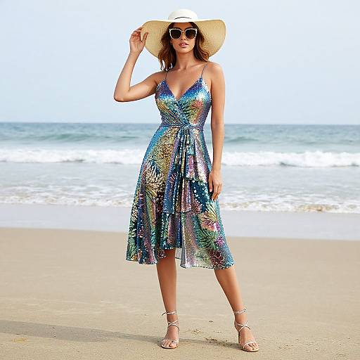 Photograph of a woman in a shimmering, multicolored dress, wide-brimmed hat, and sunglasses, standing on a sandy beach with