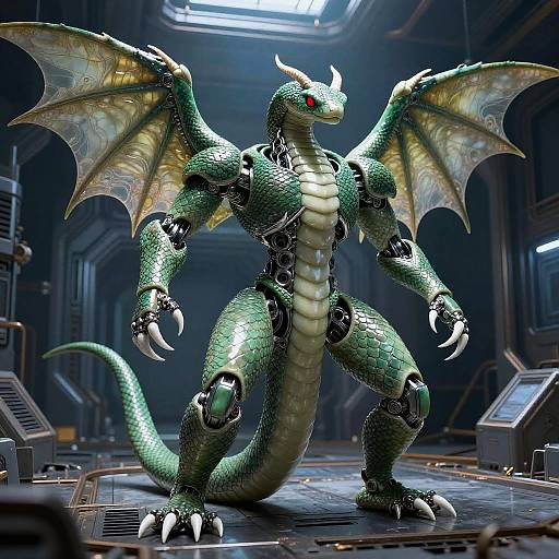 Emerald Serpent Mecha Dragon in Sci-Fi Corridor