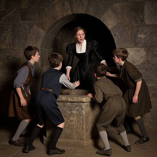 Photograph of Victorian-style scene: four boys in rustic clothing, black-dressed woman with white collar, kneeling around stone well, dark stone arch background