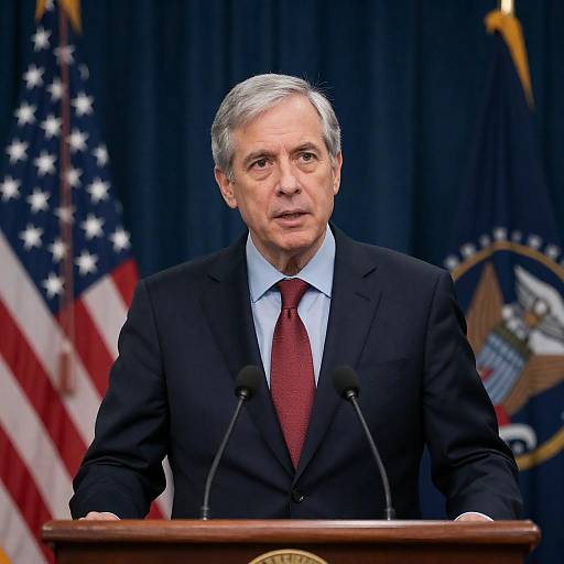 Serious Speaker at Podium with Flags