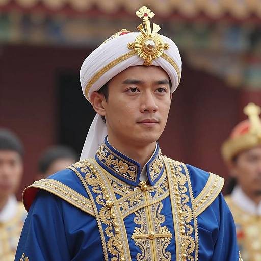 Asian Man in Traditional Royal Blue and Gold Attire