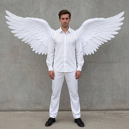 Photograph of a man with white angel wings, wearing a white shirt, pants, and black shoes, standing against a gray concrete wall.