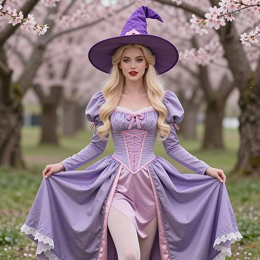 Woman in Lavender Witch Costume with Cherry Blossoms