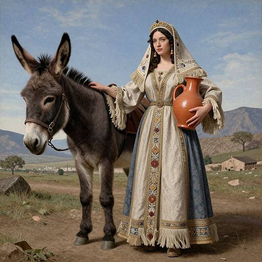 Photograph of a fair-skinned woman in elaborate medieval-style dress and headpiece, holding a clay jug, standing beside a donkey in a rural