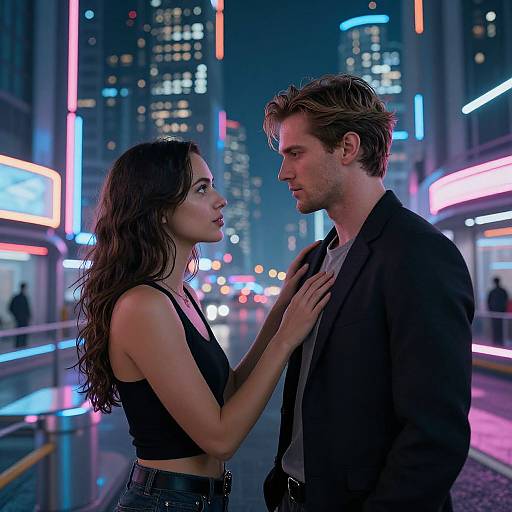 Photograph of a romantic city night scene: a brunette woman in a black crop top and jeans touches a bearded man's chest, both standing on