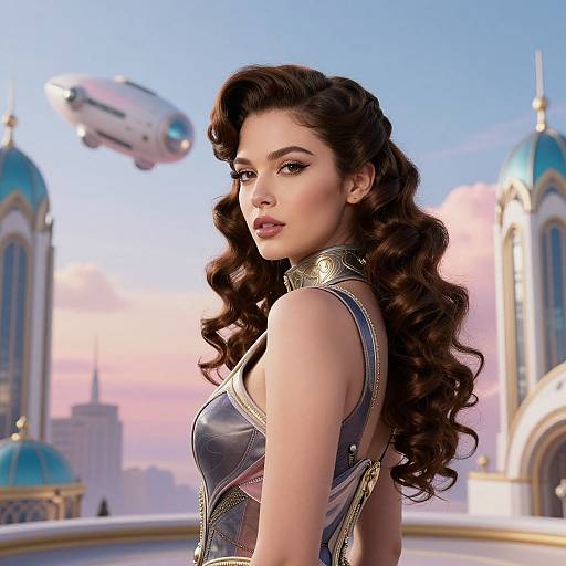 Digital art of a beautiful brunette woman with curled hair, wearing a metallic, sleeveless top, looking back, with a flying zeppelin and domed