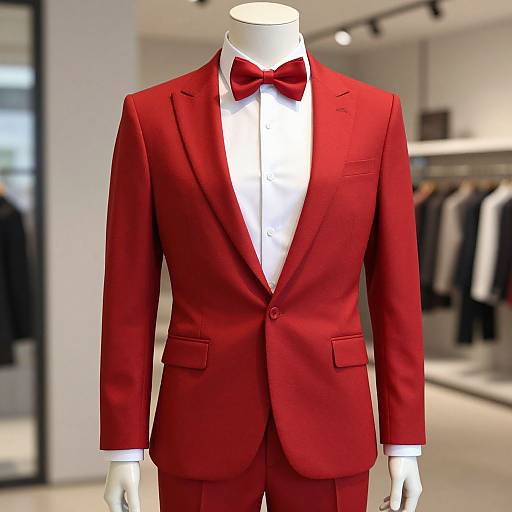Photograph of a headless mannequin wearing a vibrant red formal suit with a white dress shirt and red bow tie, displayed in a modern,