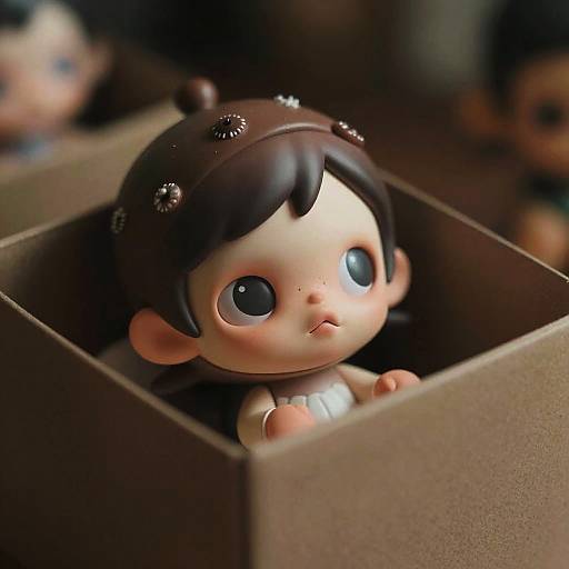 Photograph of a cute, chibi-style doll with large blue eyes, brown hair, and a headband, sitting inside a brown cardboard box.
