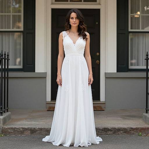 Photograph of a brunette woman in a white, sleeveless, V-neck wedding gown standing on a stone porch with black shutters.