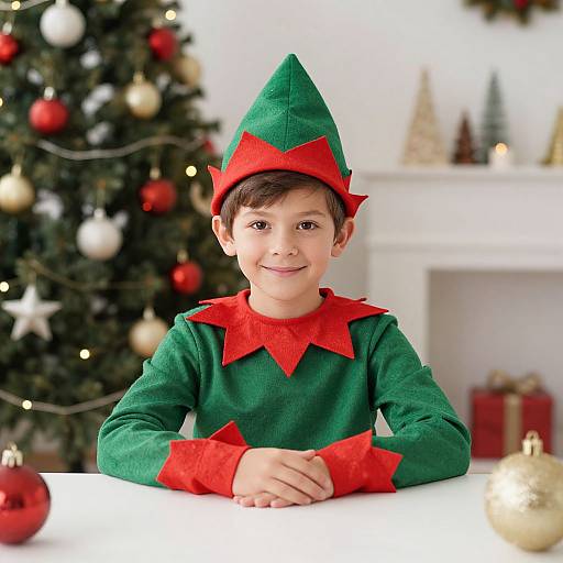 Photograph of a young boy with fair skin and dark brown hair, wearing a green elf costume with red accents, smiling in a festive living room with