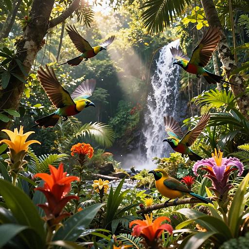 Photograph of vibrant rainbow lorikeets flying around a lush jungle with colorful flowers, illuminated by sunlight, near a cascading waterfall.
