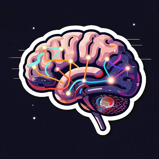 Digital illustration of a colorful, glowing brain with neon blue, orange, and pink wires against a black background, resembling a sci-fi or cybernetic