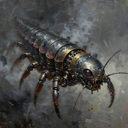 Digital painting of a metallic, robotic insect with shiny segments, blue eyes, and antennae, set against a dark, smoky background.