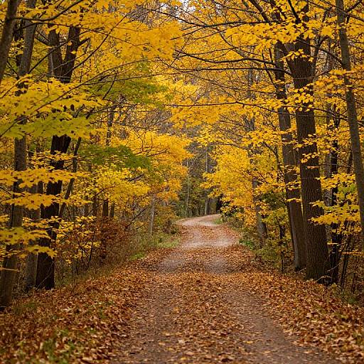 Photograph of a winding dirt path through a forest with vibrant yellow autumn leaves, brown fallen leaves covering the path, and tall trees on both sides.