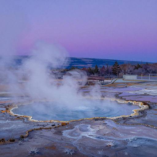 Photograph of a geothermal pool at sunset, steam rising from the blue water, surrounded by frosty landscape, purple and pink sky.
