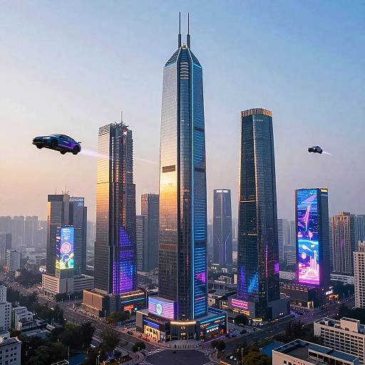 Photograph of a futuristic cityscape at dusk with tall, illuminated skyscrapers, glowing neon advertisements, and flying cars against a blue-orange sky.
