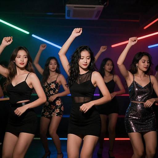 Five Women Dancing in Neon Nightclub