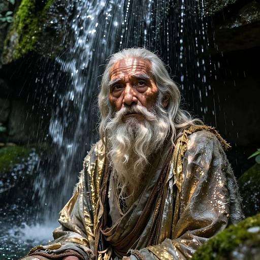 Photograph of an elderly man with a long white beard, wearing a gold-embroidered robe, sitting under a waterfall in a mossy forest