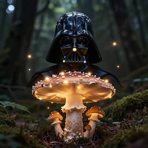 Photograph of Darth Vader in black helmet and cape, standing in a forest, holding a glowing, fairy-lit mushroom cluster.