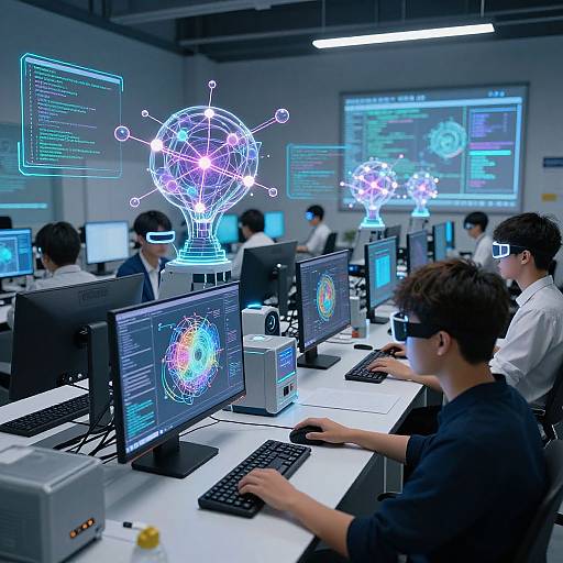 Photograph of a tech lab with multiple Asian men working on computers, illuminated by glowing digital holograms of atoms and light bulbs on white desks.