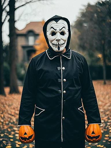 Photograph of person in black hooded coat with white clown mask, black lips, holding orange jack-o'-lantern hands in autumn park.