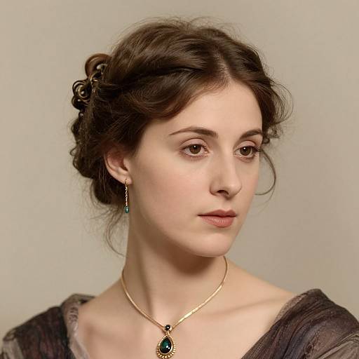 Photograph of a fair-skinned, brown-haired woman with an updo, wearing a gold necklace with a green gem, small earrings, and a