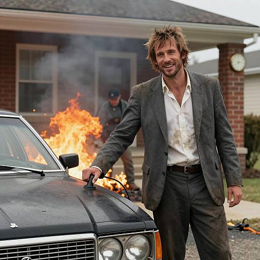 Smiling Man Beside Fiery DeSoto Car